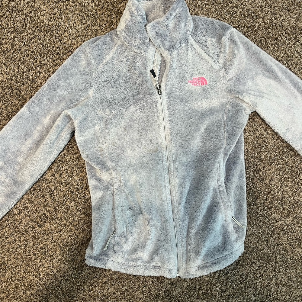 The North Face Light Gray Fleece Jacket with Pink Logo